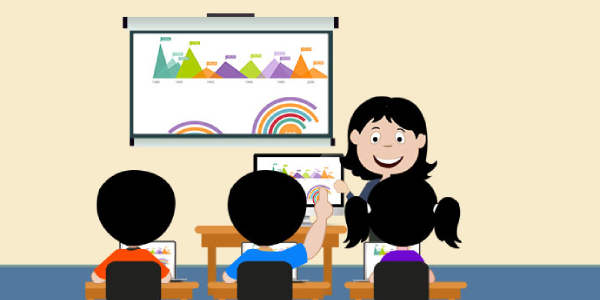Vector Image That Represents The Staff Instructs The Students Through Projector Screen.
