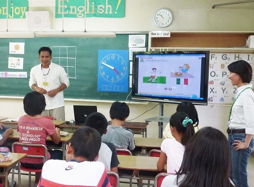 Kindergarden Staffs Instructs Lessons Through Projector Screen.