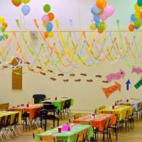 Kindergarden Classroom Decoration With Color Papers And Balloons.