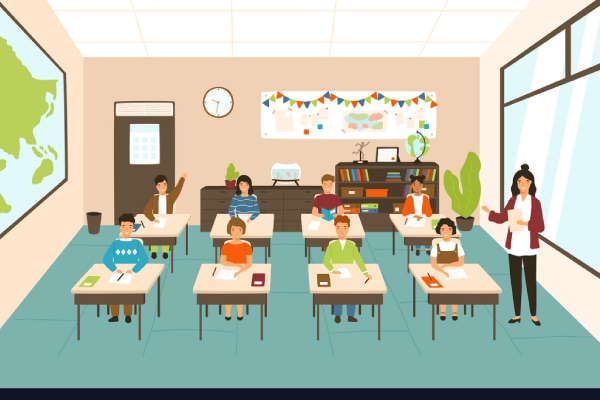 A Vector Image Representing The Children Sitting At Desks In Modern Classroom.