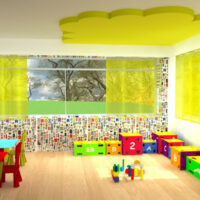 The interior of a kindergarden classroom with yellow cloud in the ceiling and colourful furniture, boxes and walls with numbers on them