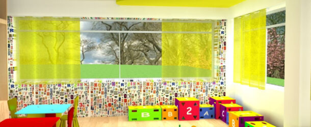 The interior of a kindergarden classroom with yellow cloud in the ceiling and colourful furniture, boxes and walls with numbers on them