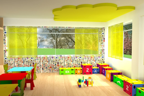 The interior of a kindergarden classroom with yellow cloud in the ceiling and colourful furniture, boxes and walls with numbers on them