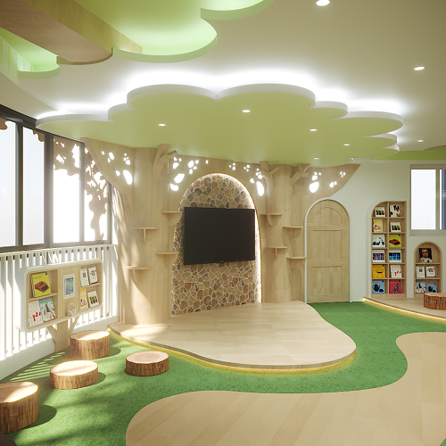 The interior of a classroom with clouds in the ceiling, low furniture, wall mounted screen; looks straight out of a fairy tale